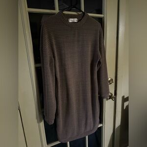 Long-Sleeve Ribbed Knit Dress in Taupe